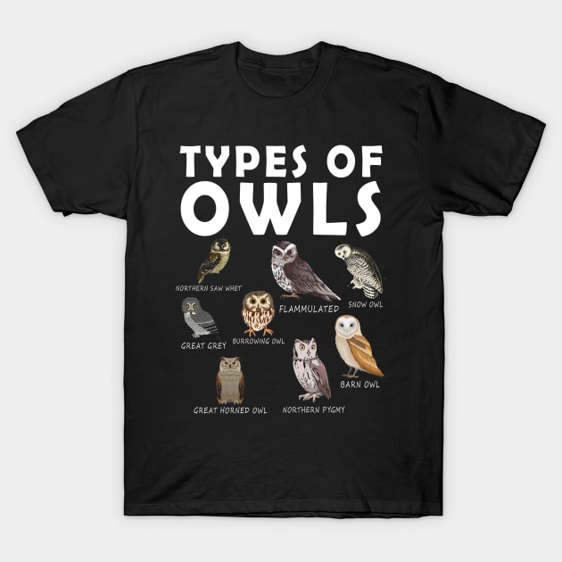 Types Of Owls T-Shirt Funny Owl Gifts For Owl Lovers Cute Owl Shirts For Men And Women T-Shirt by paynegabriel